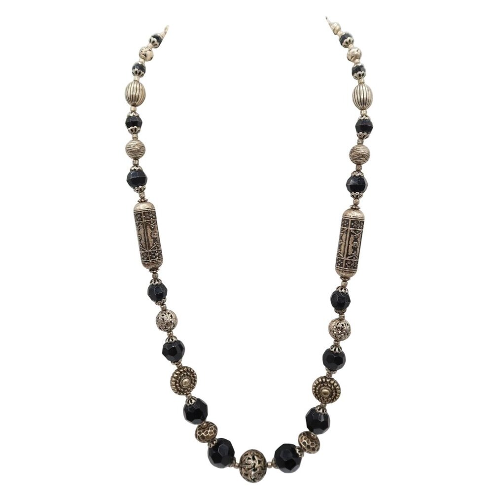 Black Faceted Acrylic Bead And Silver Tone Openwork Long Necklace Boho Unsigned